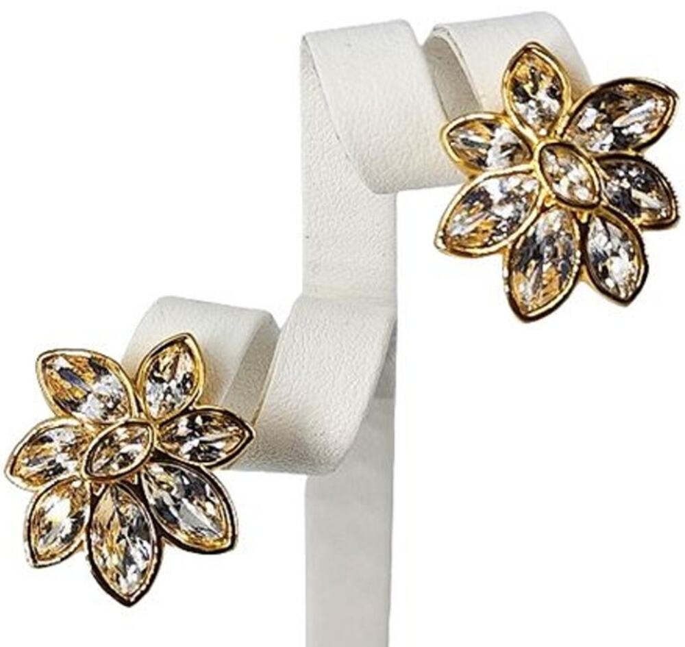 Vintage Swarovski Crystal Marquise Flower Clip On Earrings Gold Glam Signed Swan